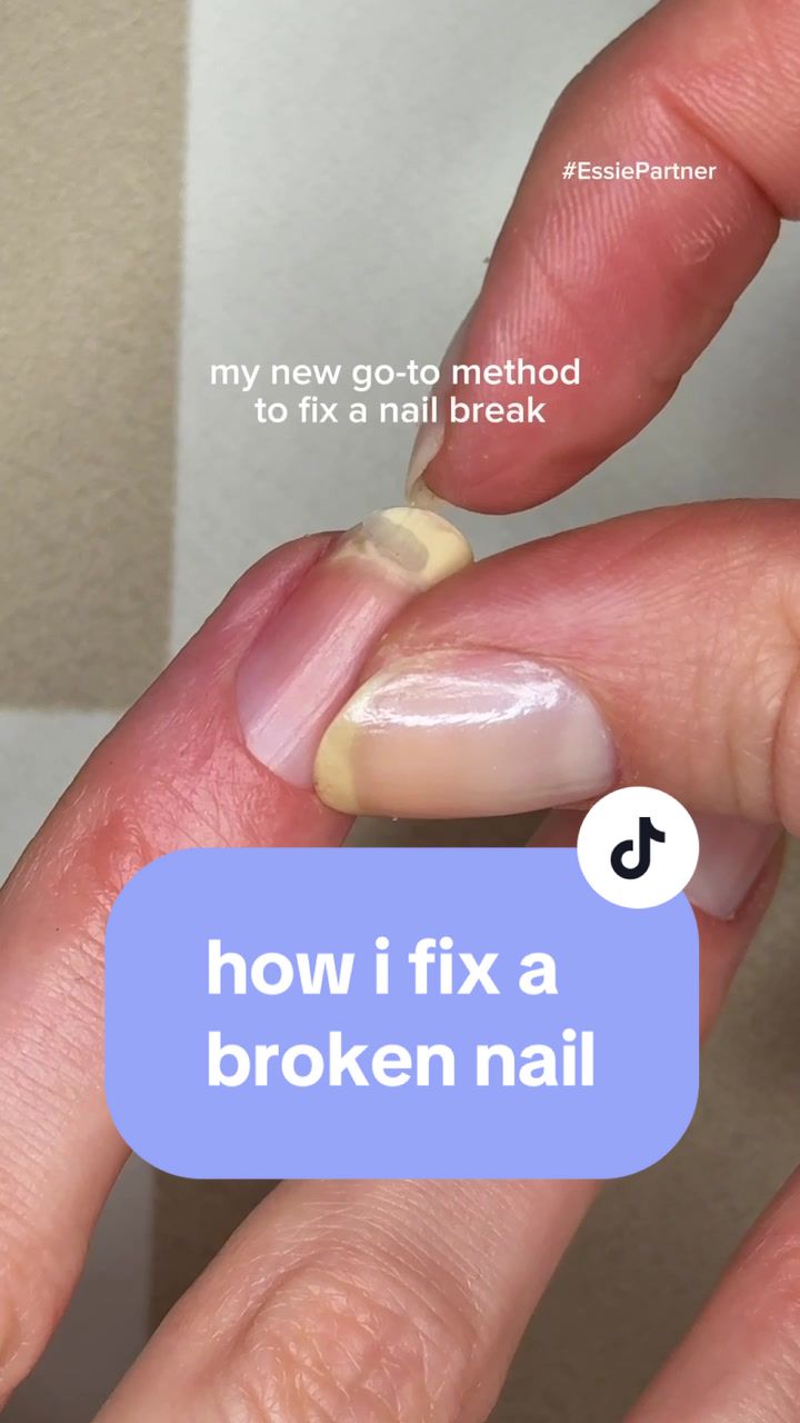 TikTok post by @allyrooker for essie. Caption reads: [...] of fixing a broken or torn nail and @essie....