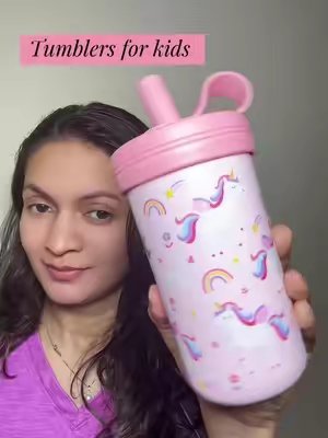 TikTok post by @manisagyawali7 for Sandjest. Caption reads: SANDJEST 14oz Stainless Steel Kids Tumbler with....