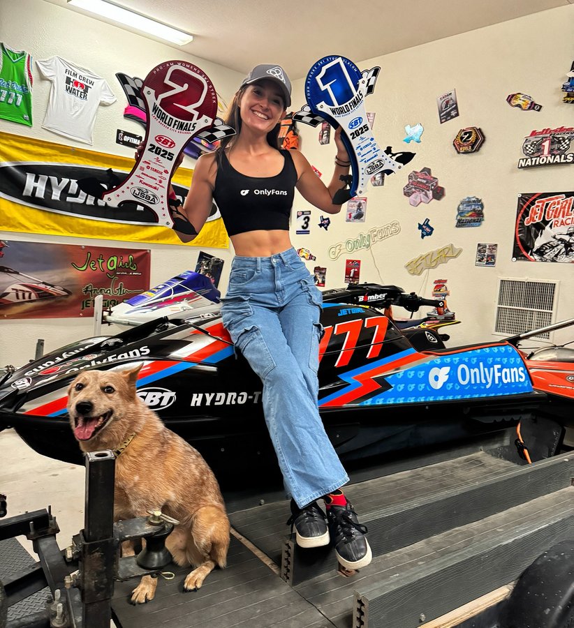 Instagram post by @jetgirl_777 for Bomber Eyewear. Caption reads: 2025 Ski Slalom World Champ ⏰🚀 
P2 in Pro Ladies....