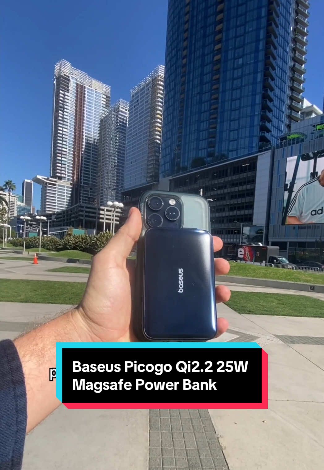 TikTok post by @trutech for Baseus. Caption reads: This Baseus Picogo Qi2.2 25W Magsafe Portable....