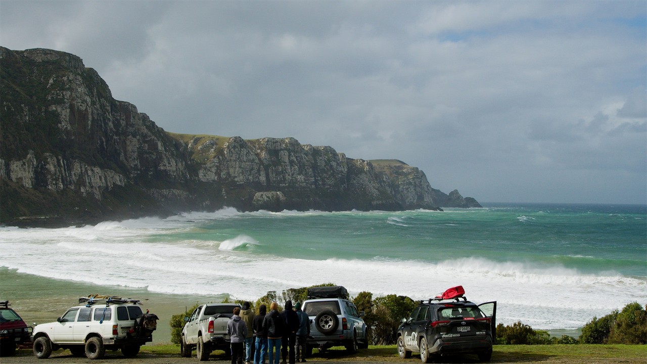 YouTube post by @DylanGravesYT for Huckberry. Caption reads: CoRE sUrF sCeNe in NEW ZEALAND / AOTEAROA  (South....
