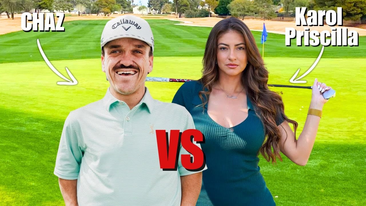 YouTube post by @KarolPriscilla for Takomo Golf. Caption reads: No strokes Can I beat him?! Hilarious Punishment....