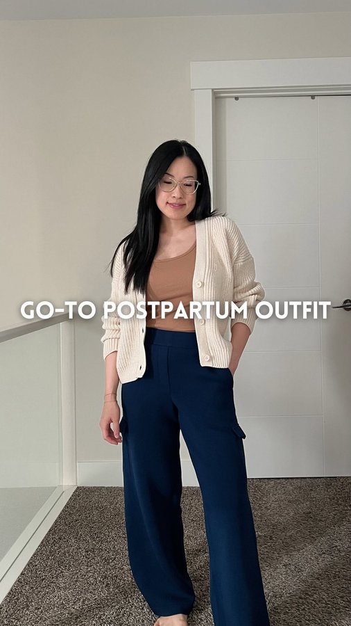 Instagram post by @hersimplesole for Tradlands. Caption reads: My go-to postpartum outfit 💕 comment “links” to....