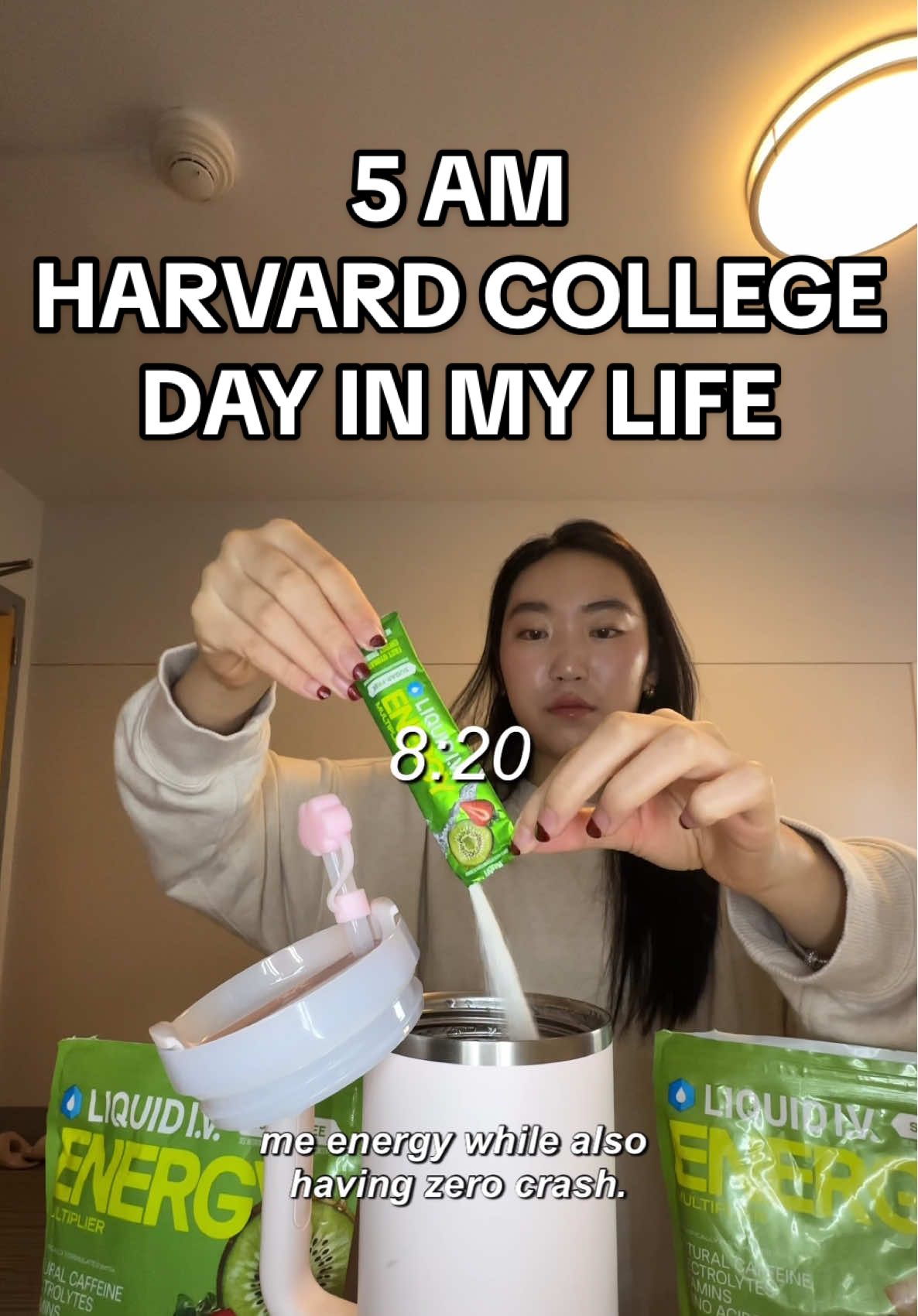 TikTok post by @helainezhao for Liquid IV. Caption reads: Spend a productive day at harvard with me and my....