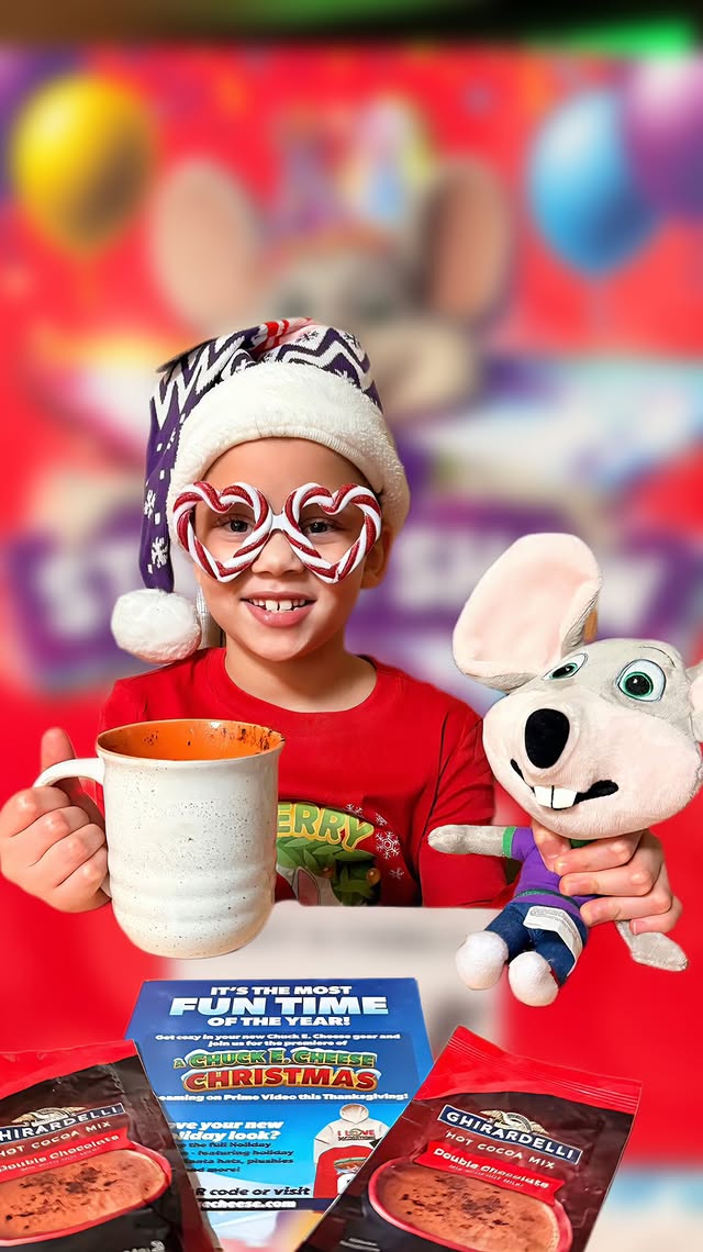 Instagram post by @omgxbesties for Chuck E. Cheese. Caption reads: [...] clothes into her special VIP Chuck E. Cheese....