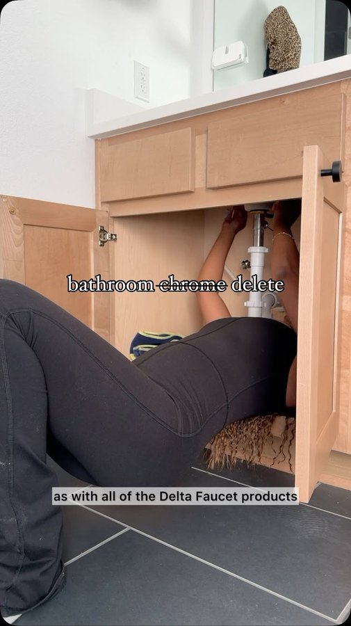 Instagram post by @kaylasimonehome for Delta Faucet. Caption reads: say it with me, no 👏🏾 more 👏🏾 chrome 👏🏾....