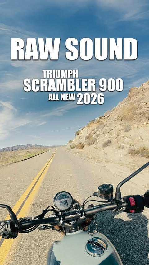 Instagram post by @motozedz for Triumph Motorcycles. Caption reads: RAW Sound of the ALL NEW 2026 Triumph Scrambler....