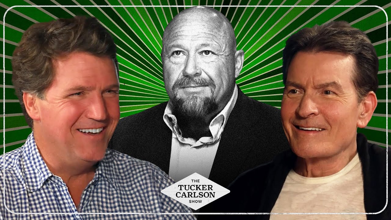 YouTube post by @TuckerCarlson for Black Rifle Coffee. Caption reads: Charlie Sheen’s Craziest Hollywood Stories and Why....