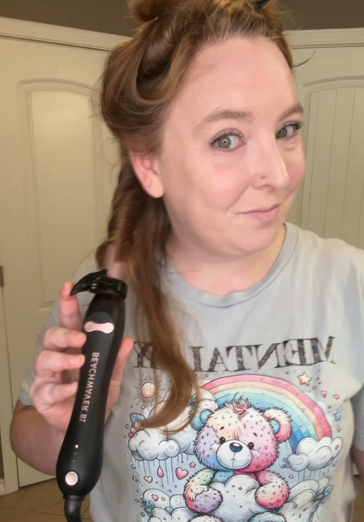 TikTok post by @notyourperfectmom for Beachwaver. Caption reads: [...] my hair better than I do—Beachwaver for the....