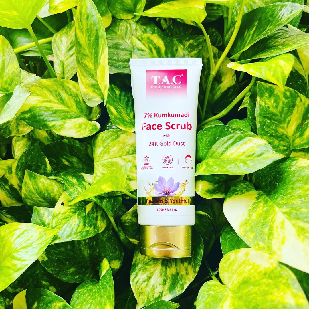 Instagram post by @model_sapra_official for The Ayurveda Co.. Caption reads: TAC - The Ayurveda Co. 7% Kumkumadi Face Scrub....