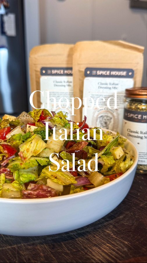 Instagram post by @cooking_with_rocco for The Spice House. Caption reads: Chopped Italian Salad, but make it Sunday Dinner....