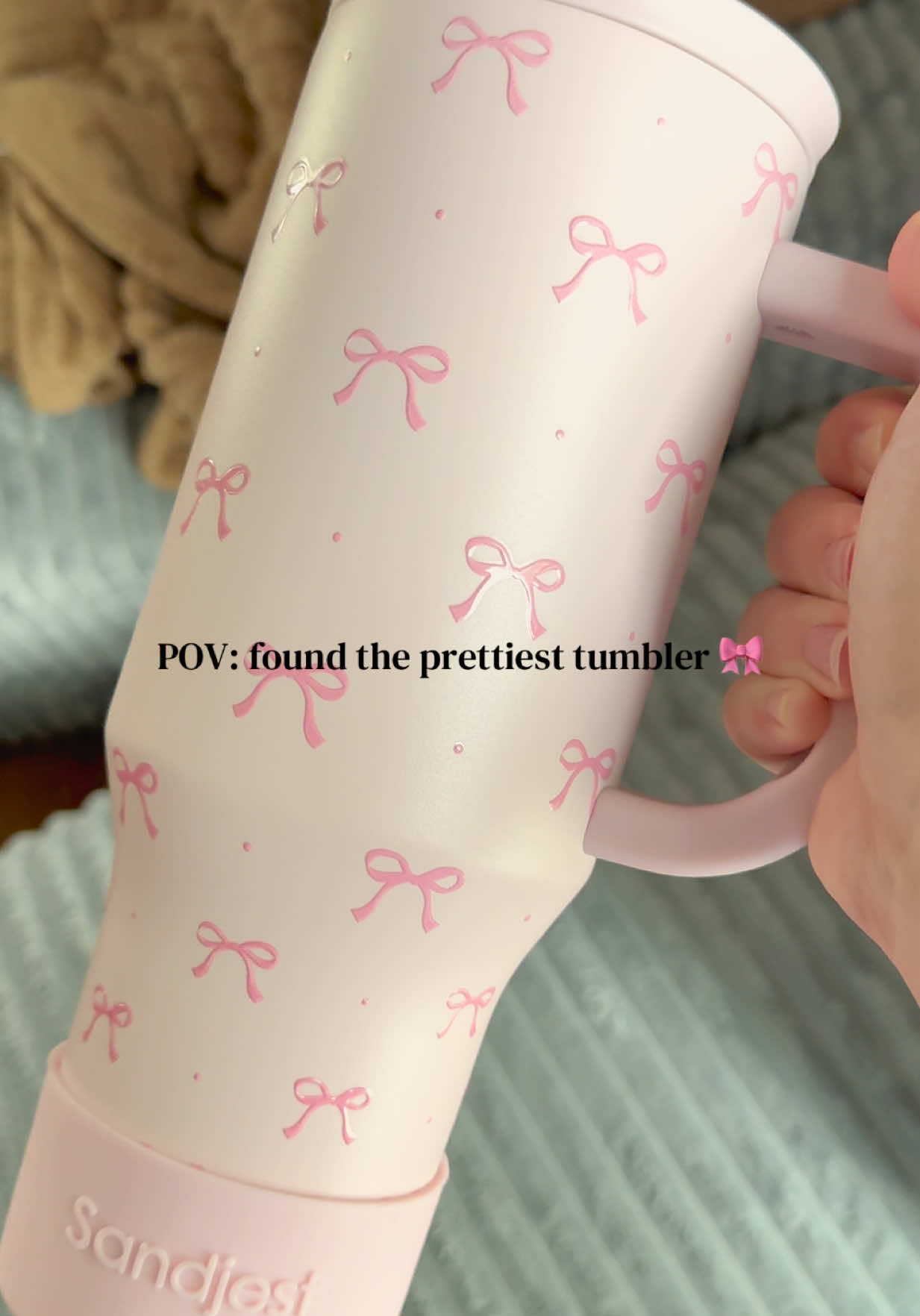 TikTok post by @gray.mama3 for Sandjest. Caption reads: Sooo pretty! 😍 🎀 #sandjest #bowtumbler....