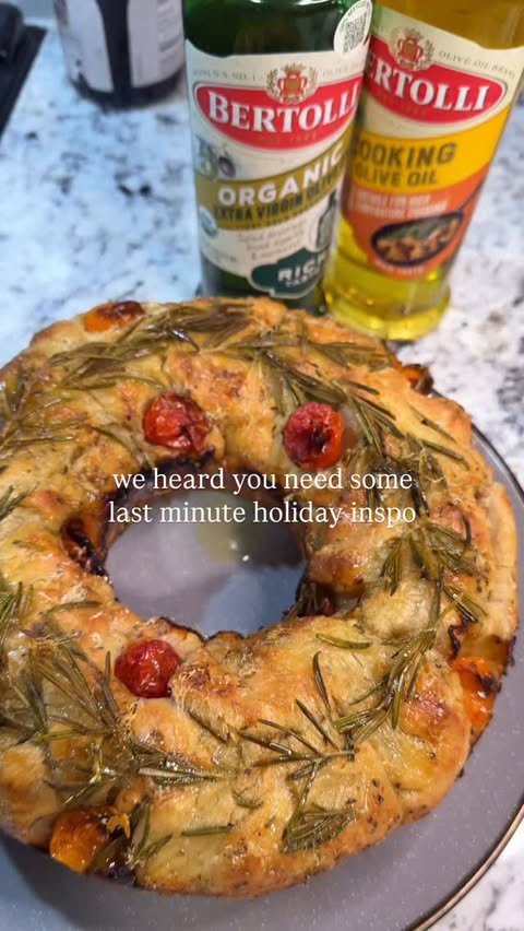 Instagram post by @whatsthe_chai for Bertolli. Caption reads: 🎄 Festive Focaccia 
Rosemary Tomato Sourdough....