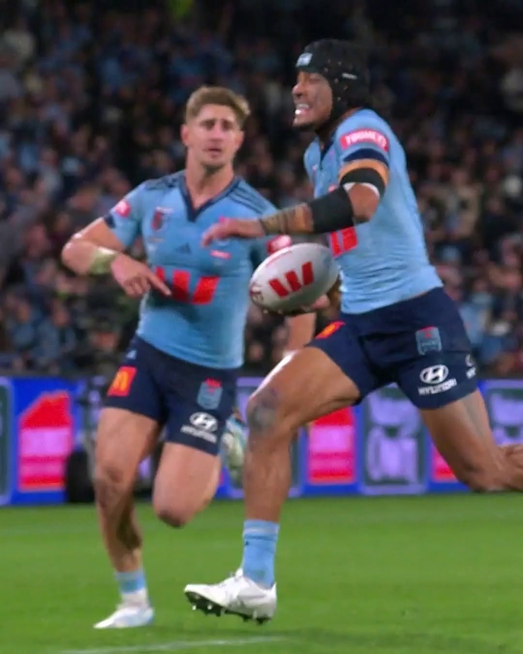 Instagram post by @nrl for Telstra. Caption reads: Stephen Crichton raced away to put the Blues on....