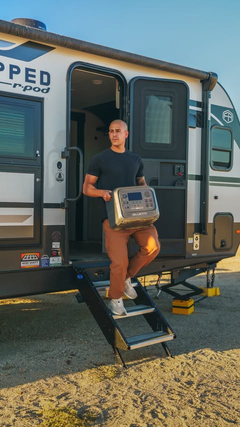 Instagram post by @v_outdoors for BLUETTI Official. Caption reads: #ad Road trips have always been my favorite way to....