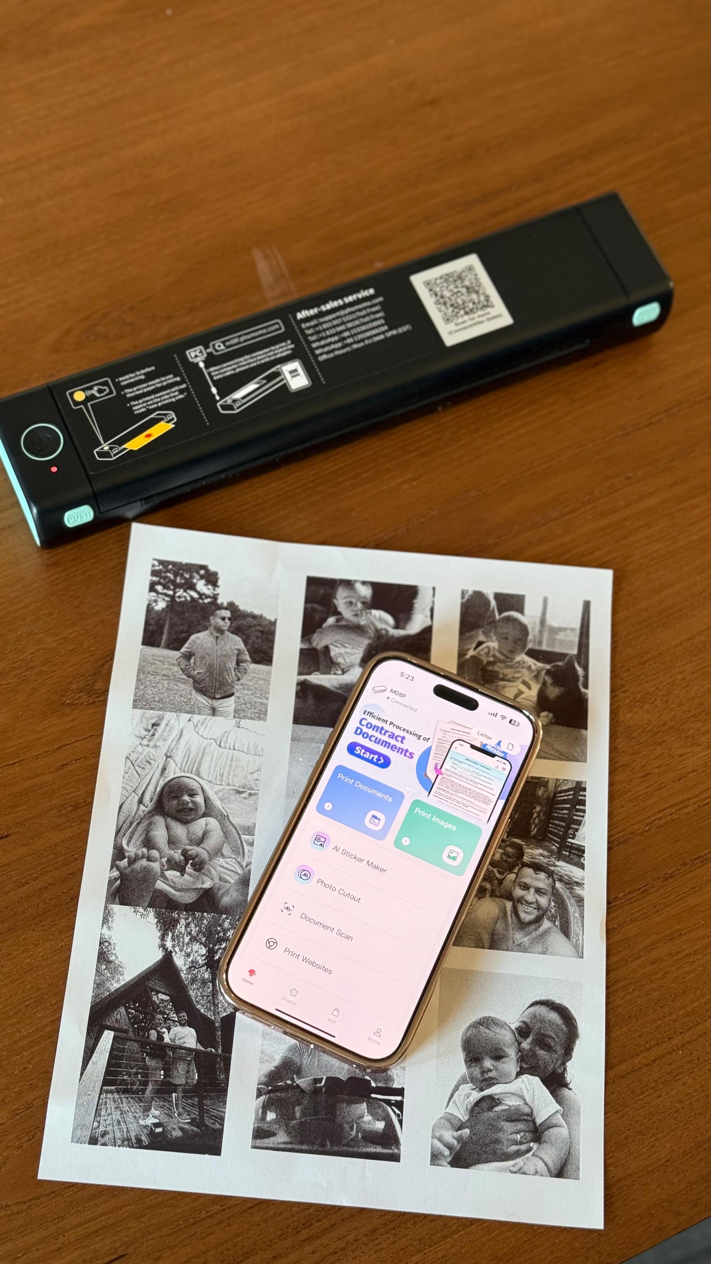 Instagram post by @iamdenizmirik for Phomemo. Caption reads: Meet the @phomemo_official Portable Printer....