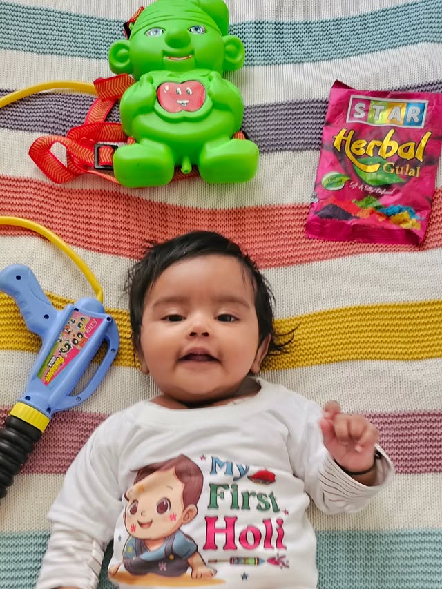 Instagram post by @vaibhavidwivedi for FirstCry. Caption reads: #collaboration with @FirstcryIndia 🌈 Happy Holi,....