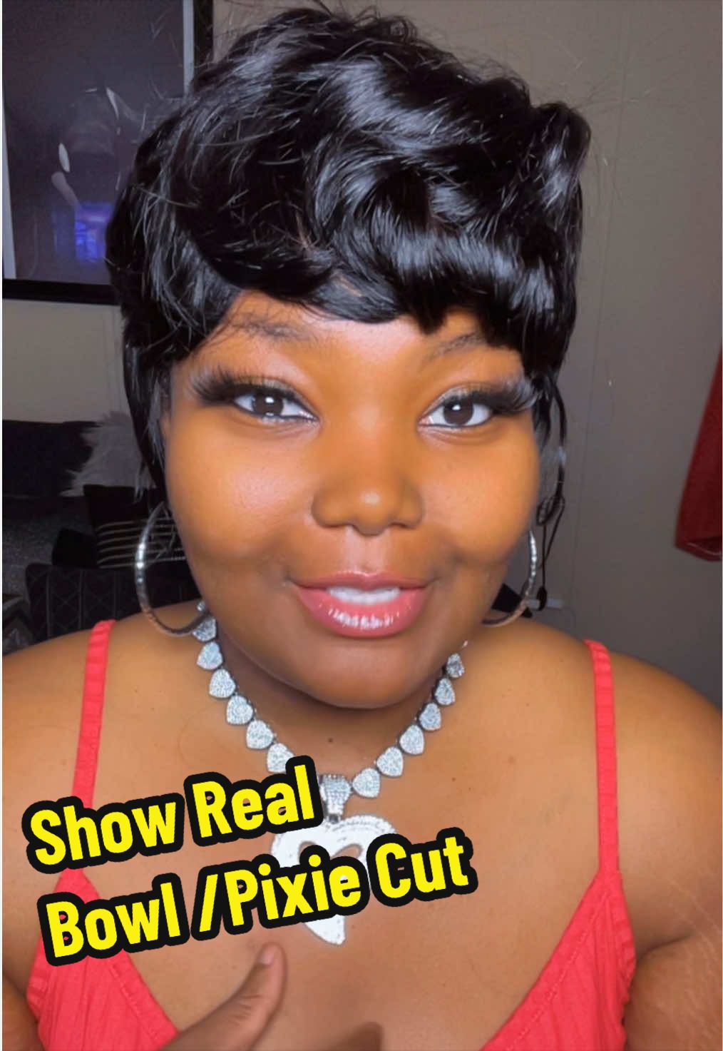 TikTok post by @shenekiaraqual for Showreal Human Hair. Caption reads: I always wanted to try a pixie cut but didn’t want....