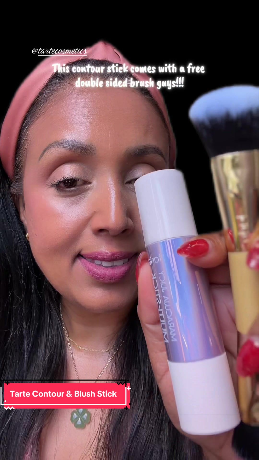 TikTok post by an influencer for tarte cosmetics. Caption reads: [...] sided brush guys!!! I ♥️ @tarte cosmetics....