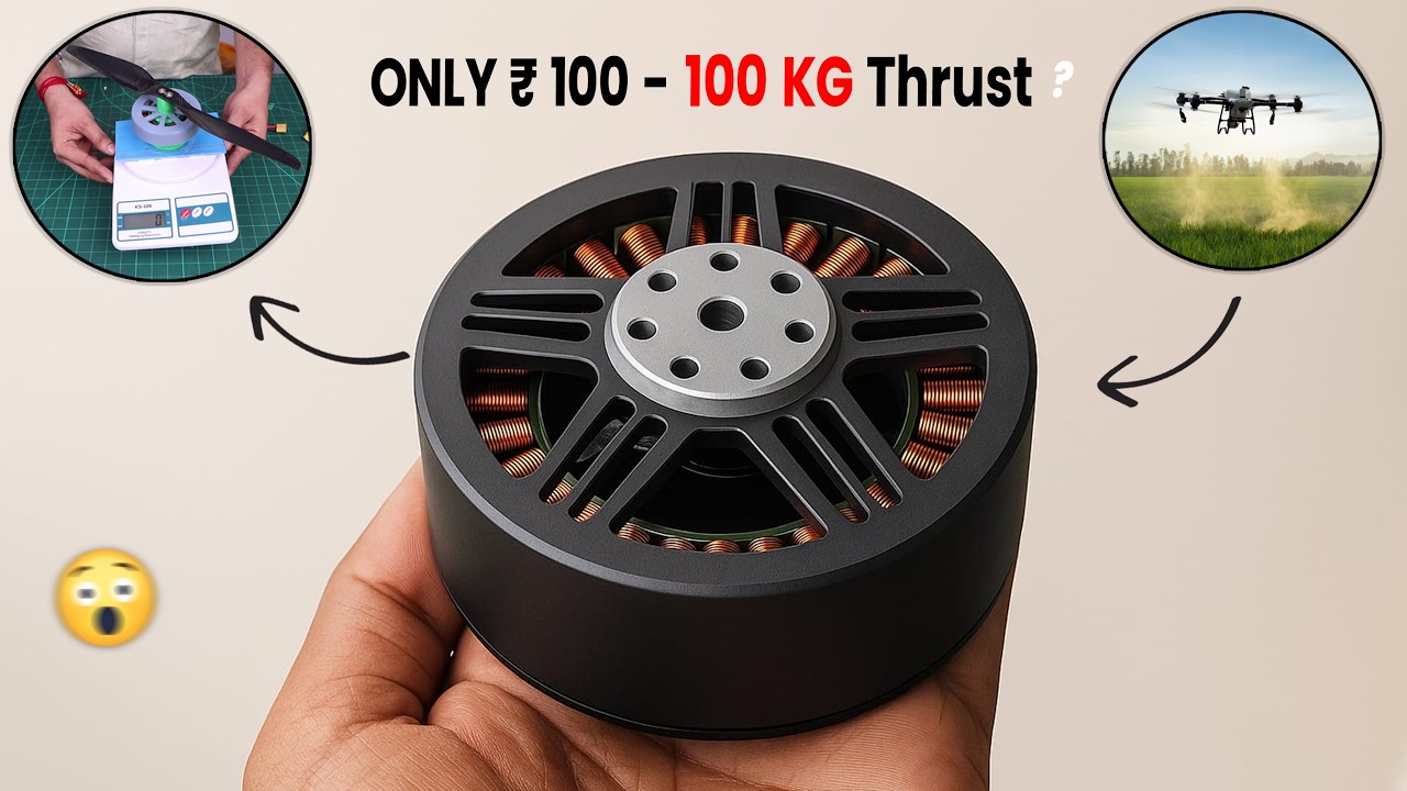 YouTube post by @MRDharoniya for JLCPCB. Caption reads: 100₹ मे बनी BLDC MOTOR इतना Thrust देगी सोचा नहीं....