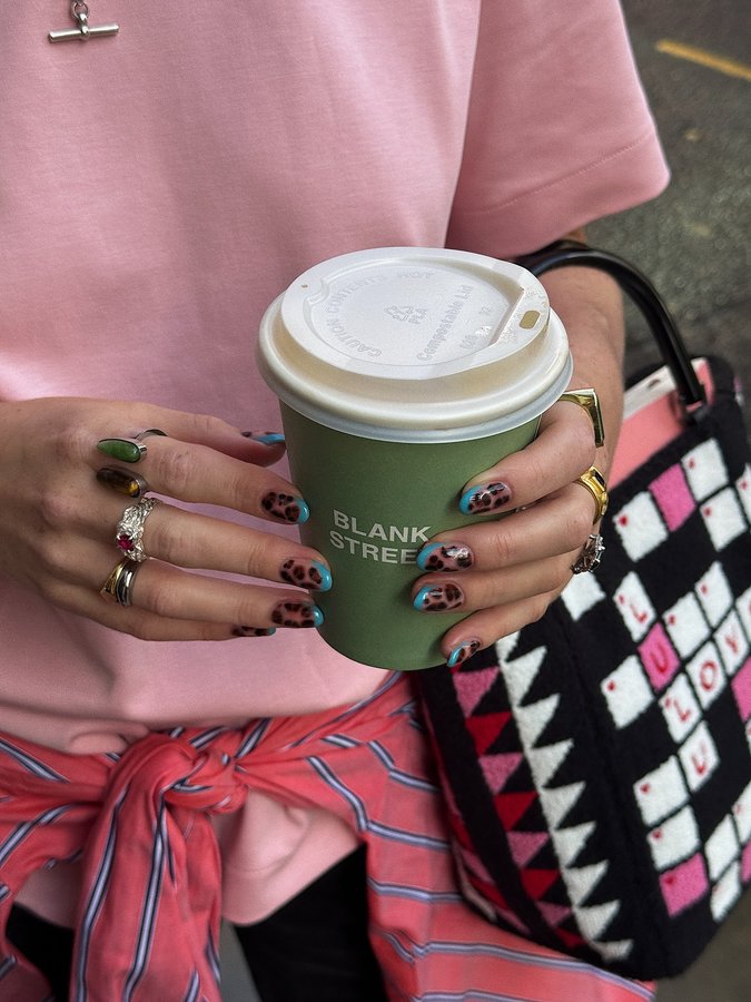 Instagram post by @fellaby for Blank Street. Caption reads: the first autumn nail set, & hot @blankstreet, of....