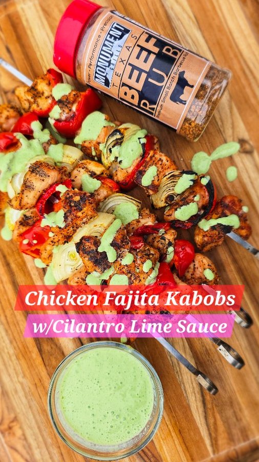 Instagram post by @smoke_stone_cuisine for Monument Grills. Caption reads: ⚔️ Chicken Fajita Kabobs with Cilantro Lime Sauce....