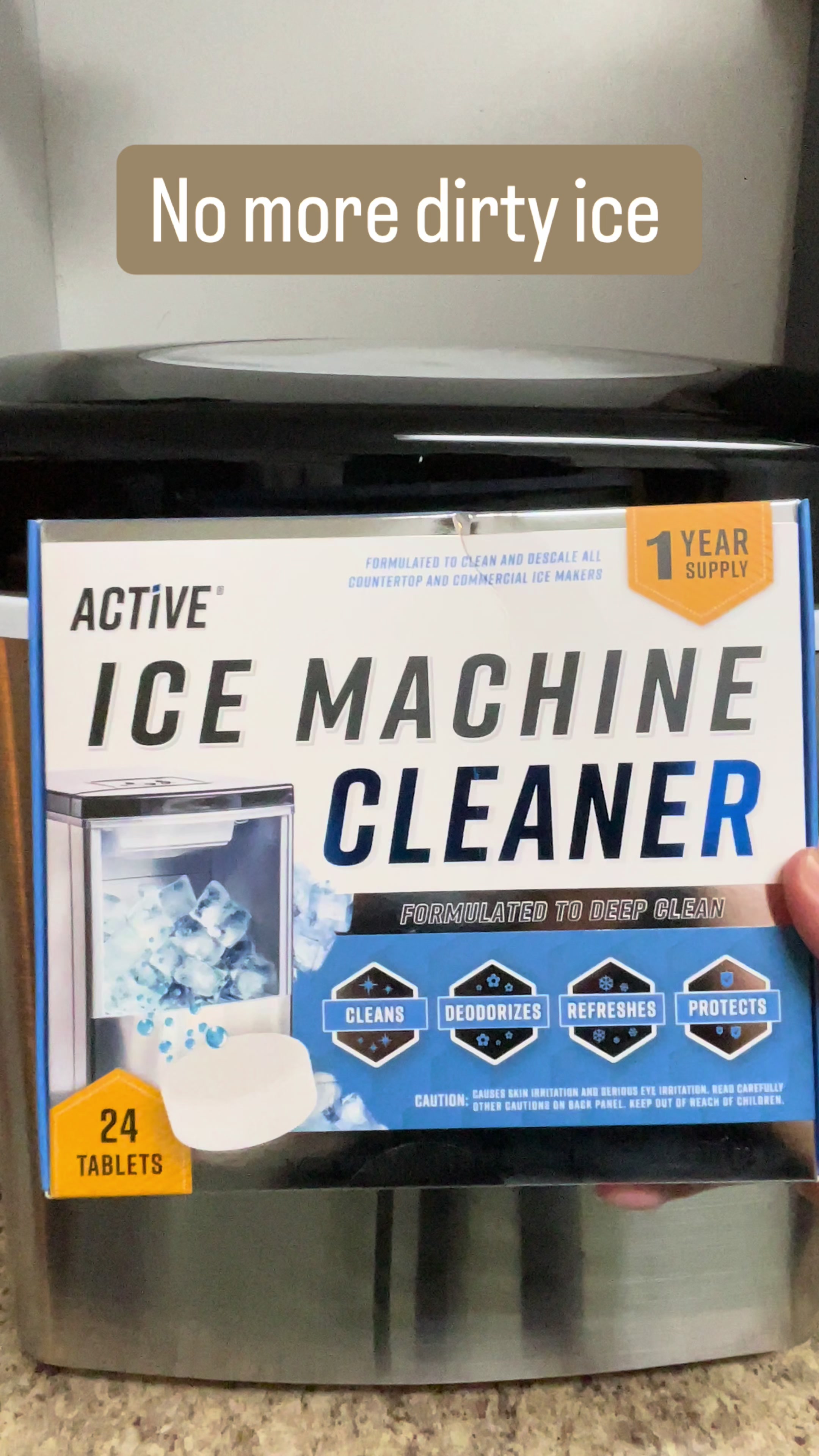 TikTok post by @pixiesnewlife for ACTIVE. Caption reads: ACTIVE Ice Machine Cleaner Made from Food Grade....