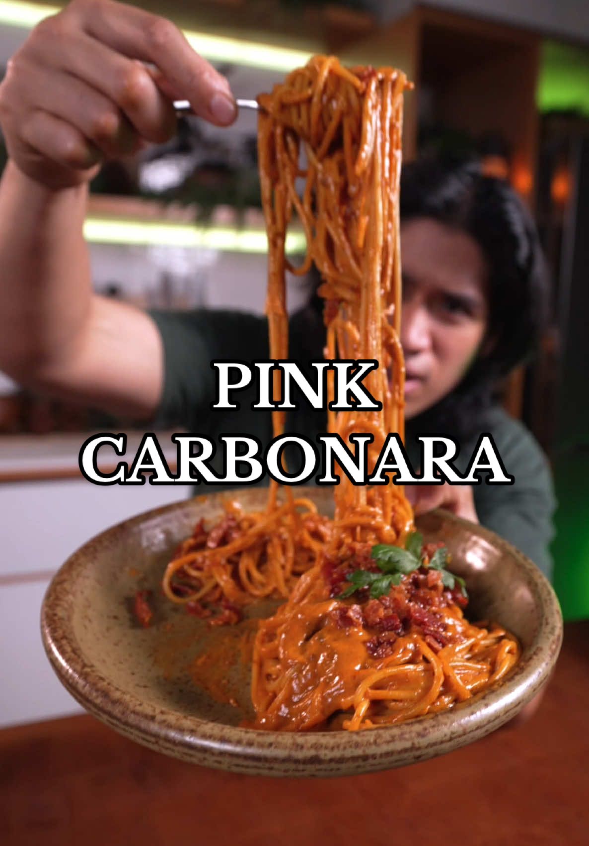TikTok post by @jujumaoo for Del Monte. Caption reads: Pink Carbonara 😍🍝 If comfort had a flavor, it....