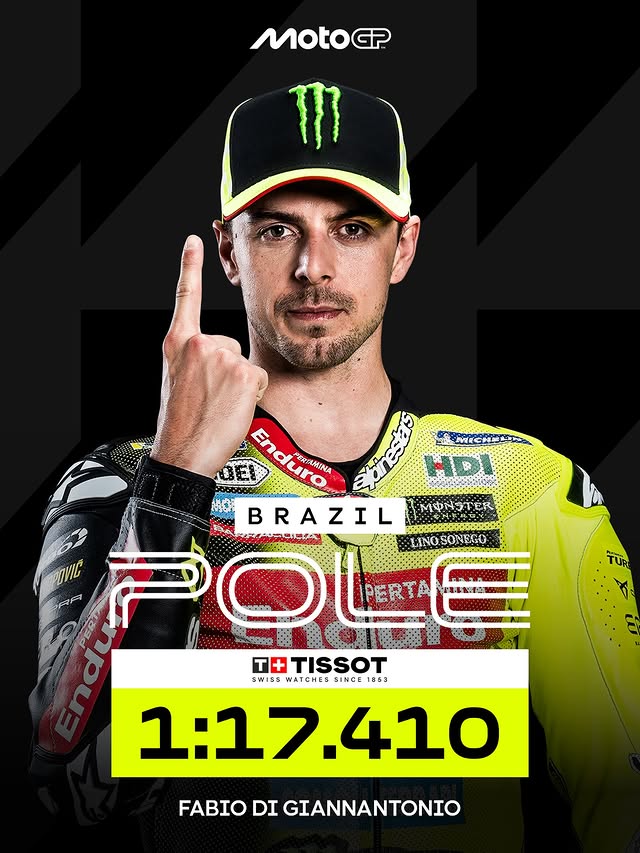 Instagram post by @vr46racingteam for TISSOT. Caption reads: POLE for @fabiodiggia49 and the first one since....