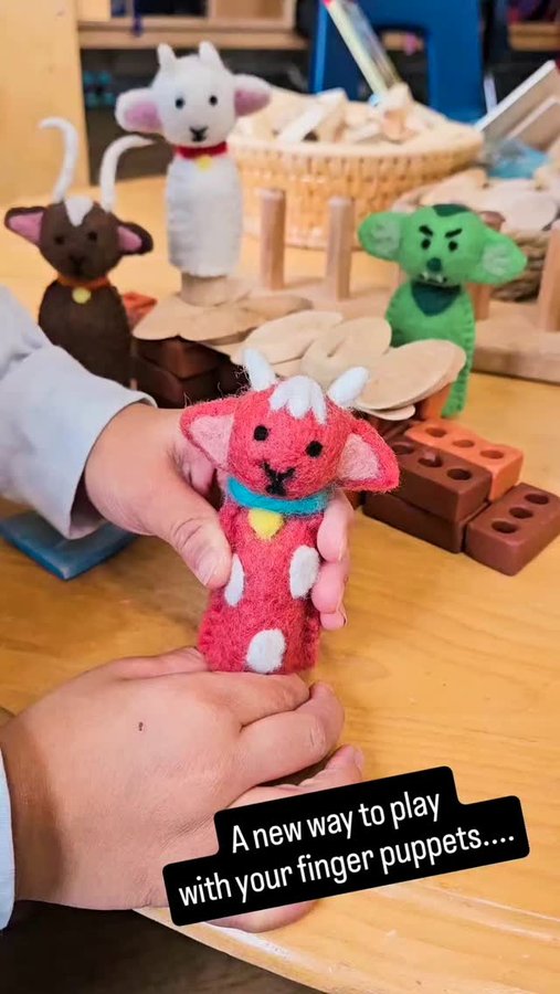 Instagram post by @mooretoloveinkinder for Tara Treasures. Caption reads: [...] puppets in a new way. Starring our Tara....