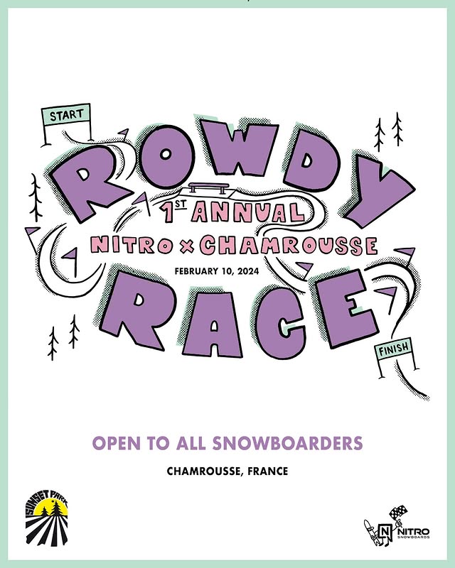 Instagram post by @bangingbees for Nitro Snowboards. Caption reads: @nitro_snowboards x @chamroussesunsetpark 🏁 ROWDY....