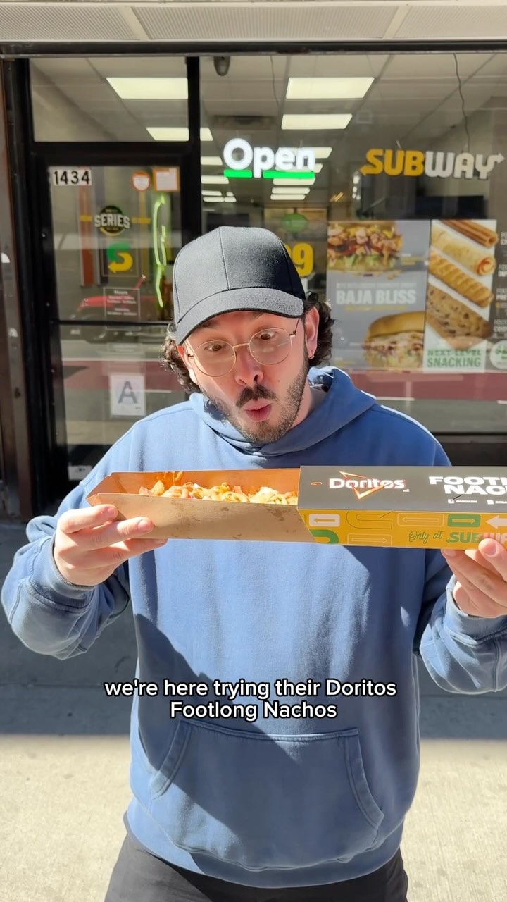 Instagram post by @marcosworldnyc for Doritos. Caption reads: #subwaypartner Trying the $5 @doritos footlong....