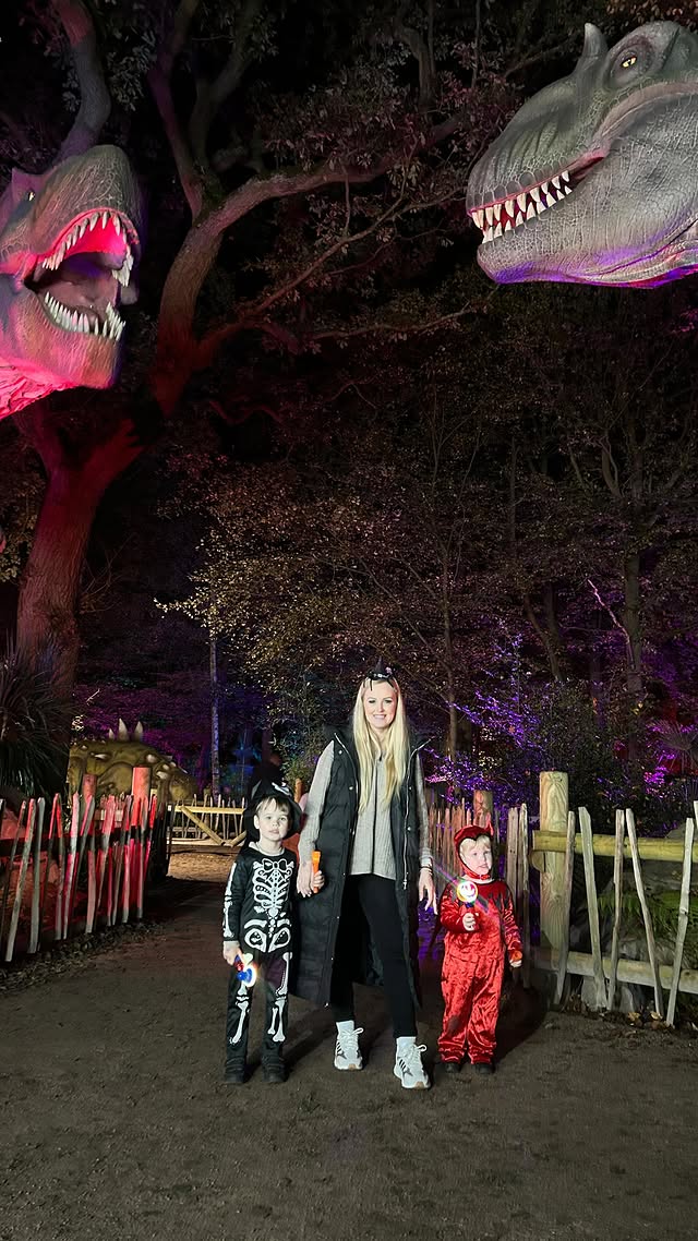 Instagram post by @jadelouisegx for Hertfordshire Zoo. Caption reads: Hertfordshire Zoo Dinos after dark 🦖✨ Ad/PR visit....