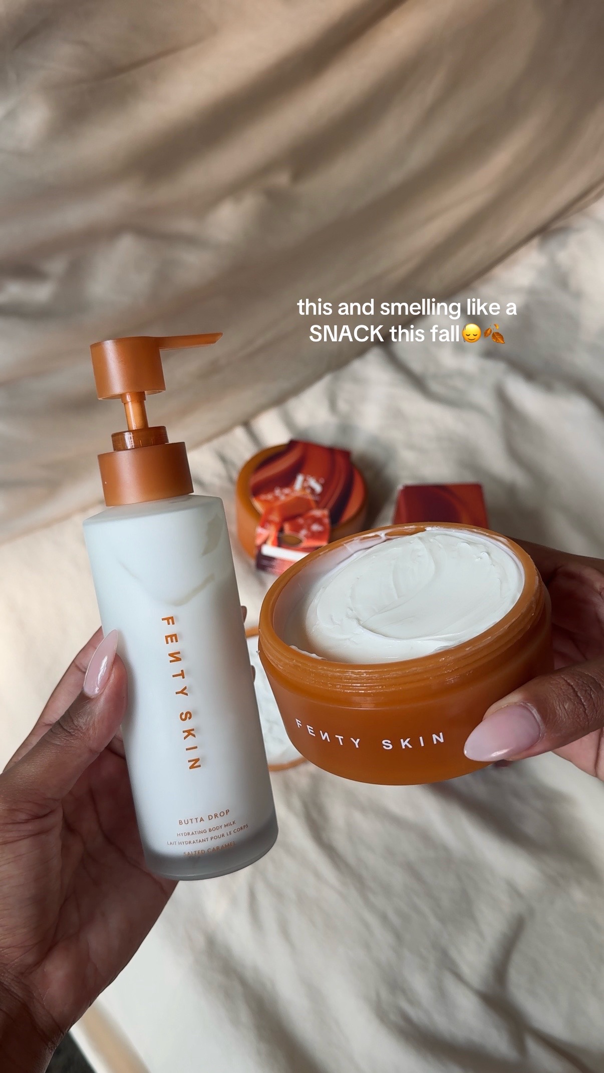 TikTok post by @leigha_chrstine for Fenty Beauty. Caption reads: [...] back salted caramel 🤤 @Fenty Beauty @Fenty....