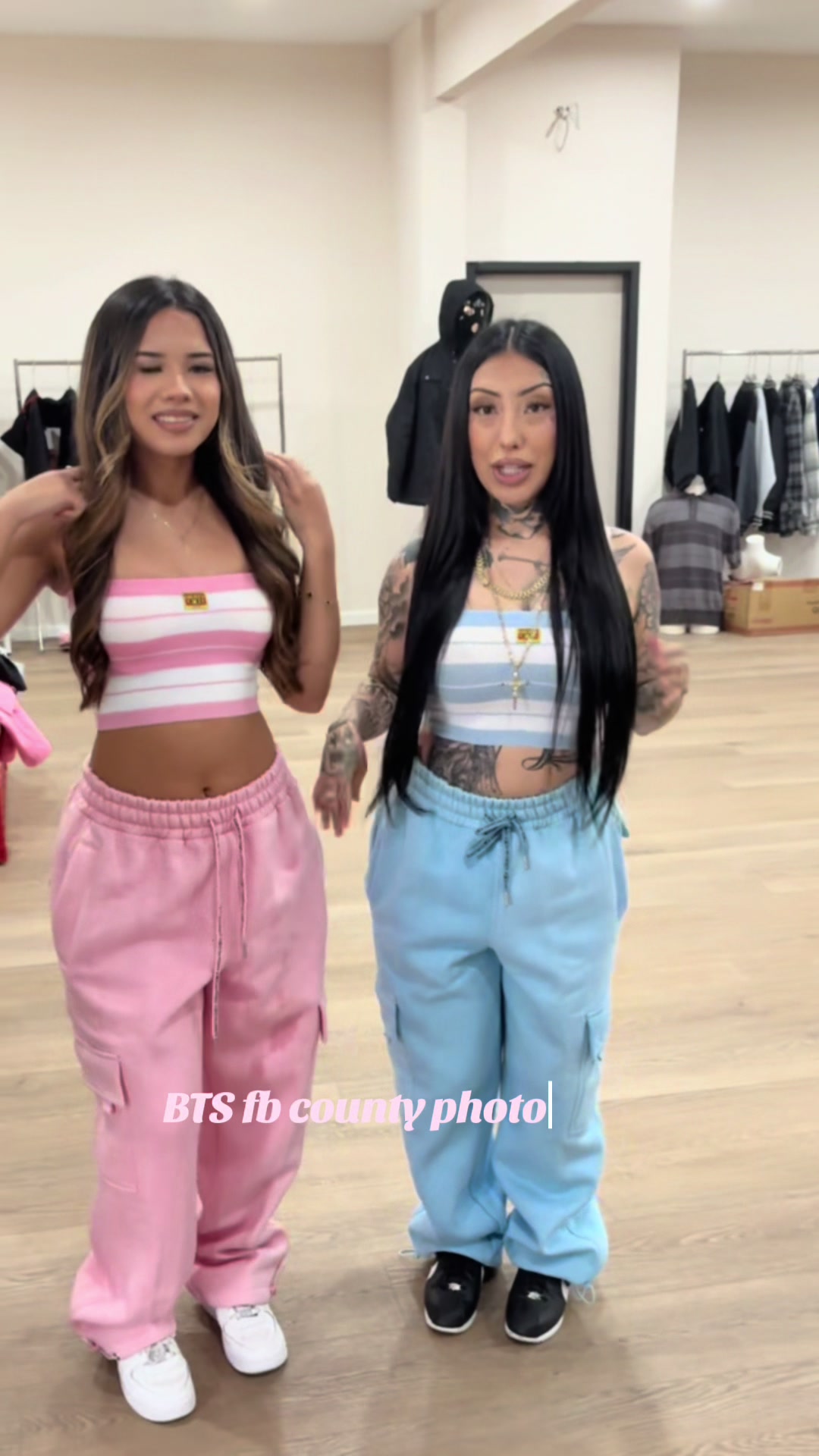 TikTok post by @va1.eriee for FB County Cosmetics. Caption reads: The cutest baby pink sweats from fb....