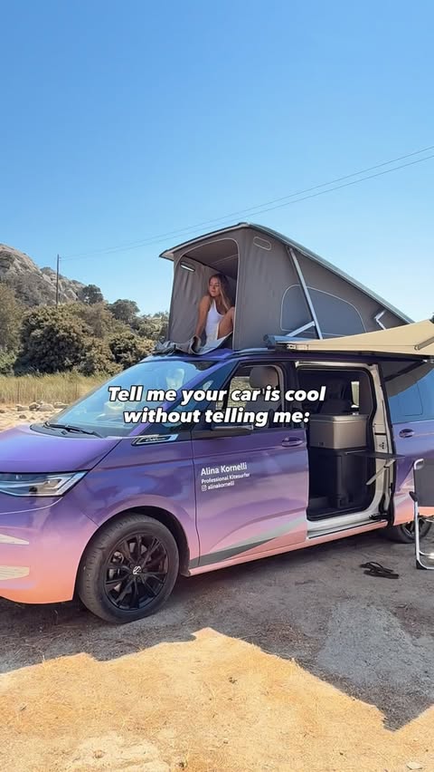 Instagram post by @alinakornelli for Volkswagen. Caption reads: My purple house on wheels 💜✨🚐 / AD....