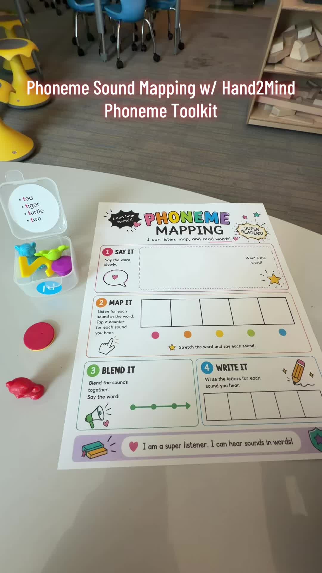 TikTok post by @cali_johns for hand2mind. Caption reads: Phoneme mapping with @hand2mind phoneme toolkit 😊....