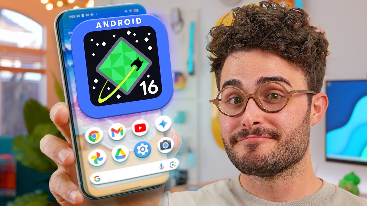 YouTube post by @new3sc for Android. Caption reads: Testing Android 16 | All the News! 🚀.