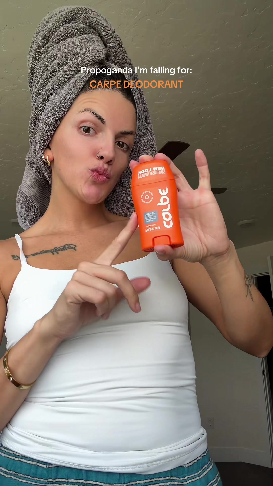 TikTok post by @cameronstevens_ for Carpe. Caption reads: [...] sweat proof!! 🧡 AND SMELLS AMAZINGGGG✨....