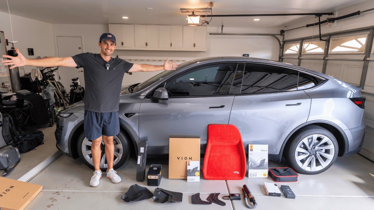 YouTube post by @Gjeebs for MagBak. Caption reads: The Best NEW Model Y Accessories Right Now.