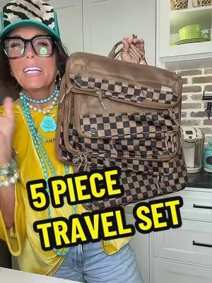 TikTok post by @twoboymom3 for Iris And Rainbow. Caption reads: 5 PIECE TRAVEL SET #travel #travelset #travelbag....