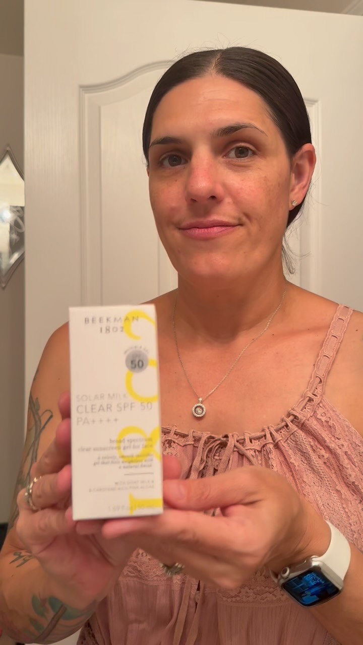 Instagram post by @07julia12 for Beekman 1802. Caption reads: Gifted by Beekman 1802 ☀️ Solar Milk Clear SPF 50....