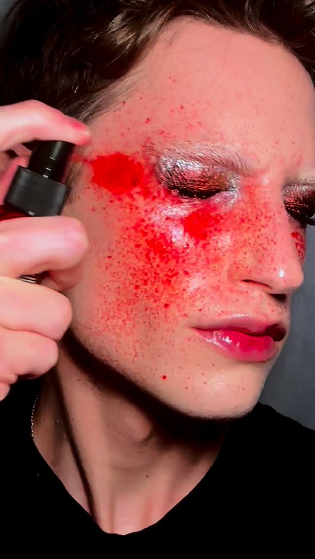 Instagram post by @kevlieeeee for Mehron Makeup. Caption reads: Dexter would approve of this look🩸 using the....