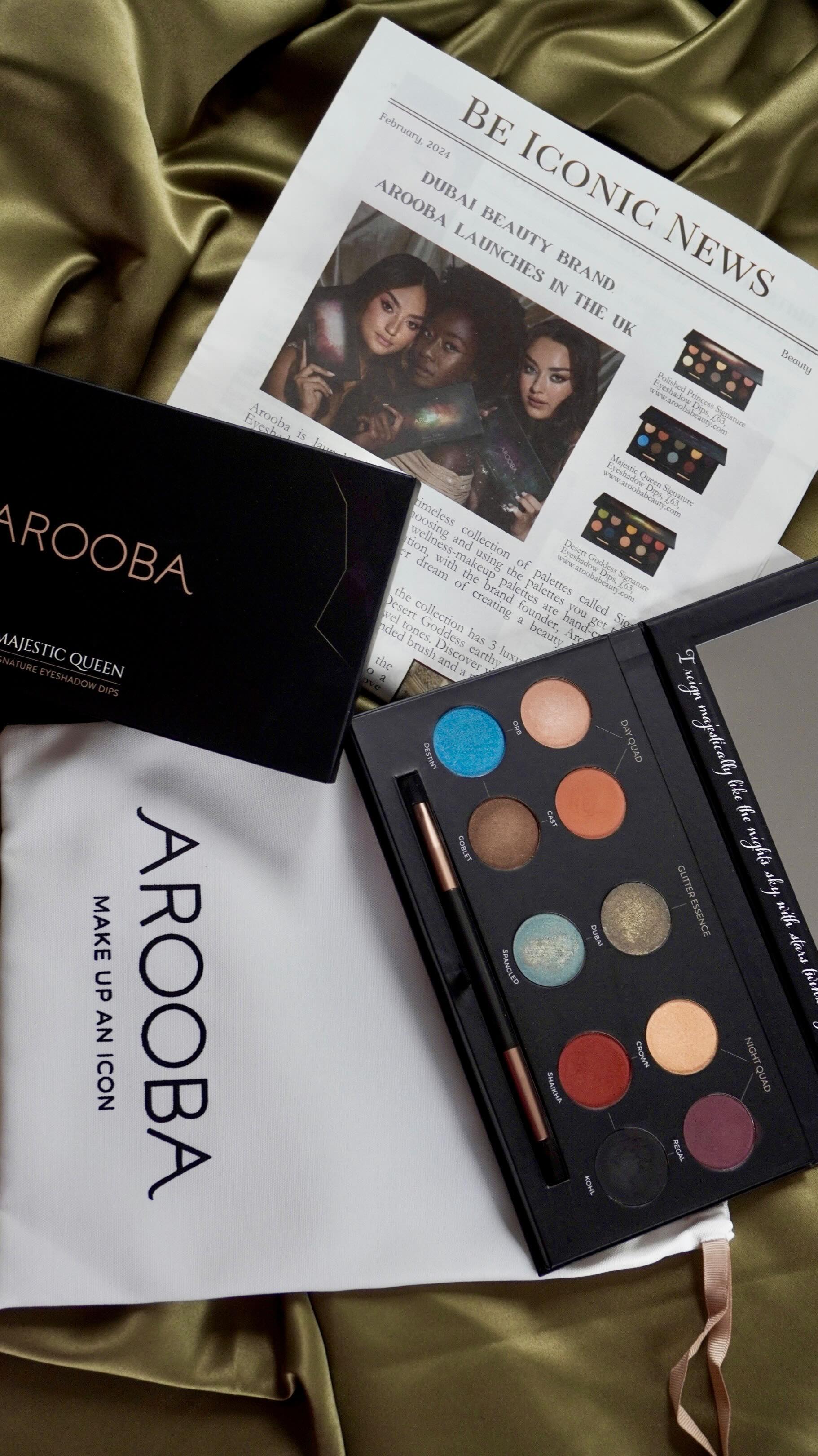 Instagram post by @mariadius for Arooba Beauty. Caption reads: Unboxing the @aroobabeauty Majestic Queen palette,....