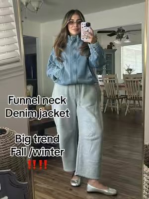 TikTok post by @robertaron for YeeZaa. Caption reads: @YeeZaa Funnel neck denim jacket ootd [...].