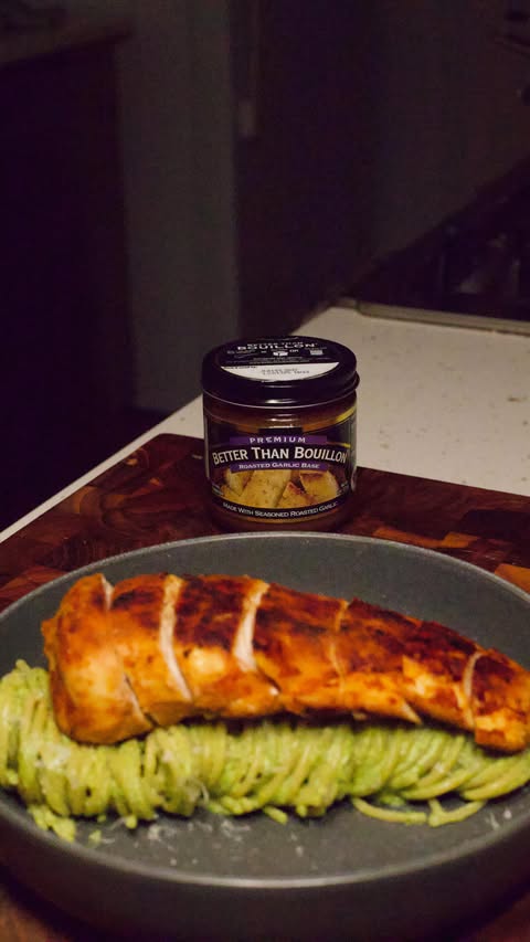 Instagram post by @mr.hollmilkeats for Better Than Bouillon. Caption reads: [...] Poblano Pasta recipe made with....