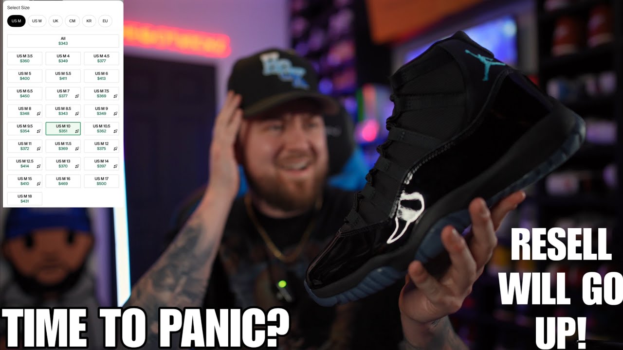 YouTube post by @Hegotkickz for Sole Premise. Caption reads: IT IS TIME TO PANIC FOR THE JORDAN 11 “GAMMA” THE....