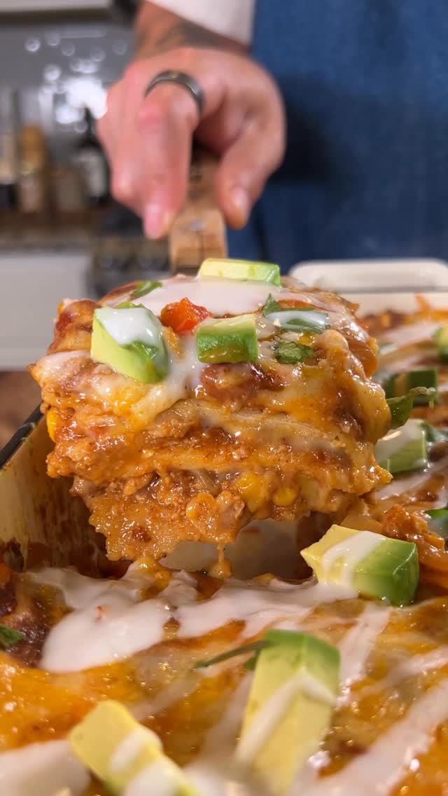 Instagram post by @consciouschris for Beyond Meat. Caption reads: ENCHILADA CASSEROLE using a *brand new*....