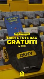 Instagram post by @milanodascrocco for DKNY. Caption reads: Durante la Milano Fashion Week se porti un libro....