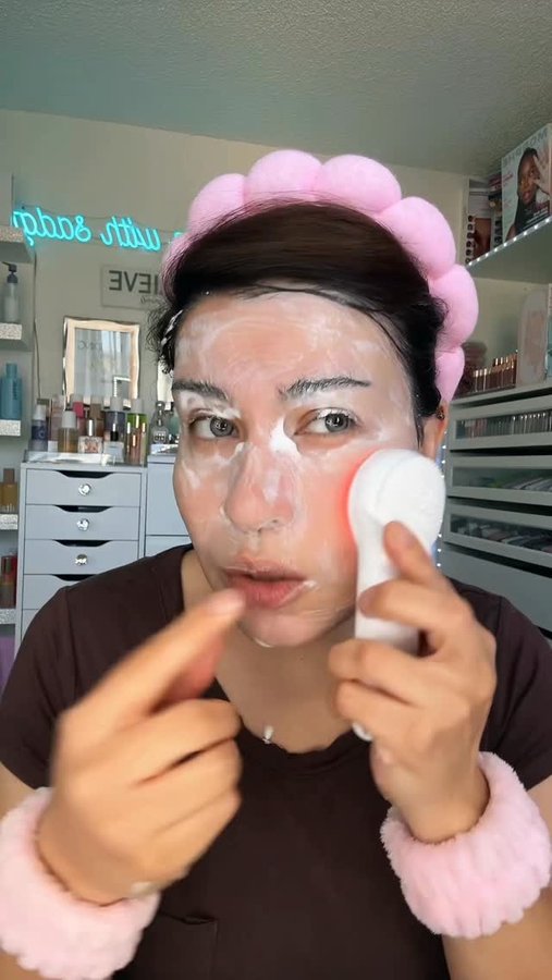 Instagram post by @get_glam_with_sadaf for RIKI LOVES RIKI. Caption reads: @rikilovesriki Silicone Face cleansing brush 💞.